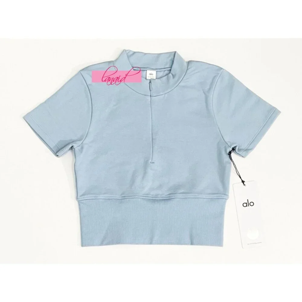 Alo Seamless Winter Warm Plush Cropped Short Sleeve Celestial Blue Zip-Up Henley